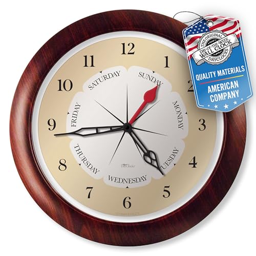Time & Week-Day Wall Clock – Weekly Analog Clock with Days, Hours & Minutes – Transparent Ring in Frame - Ideal Retirement Gift for Men & Women, Walnut Accent Frame, 13.5