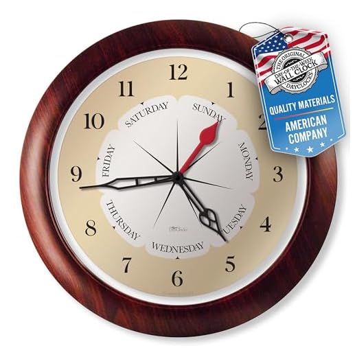 Time & Week-Day Wall Clock – Weekly Analog Clock with Days, Hours & Minutes – Transparent Ring in Frame - Ideal Retirement Gift for Men & Women, Walnut Accent Frame, 13.5"