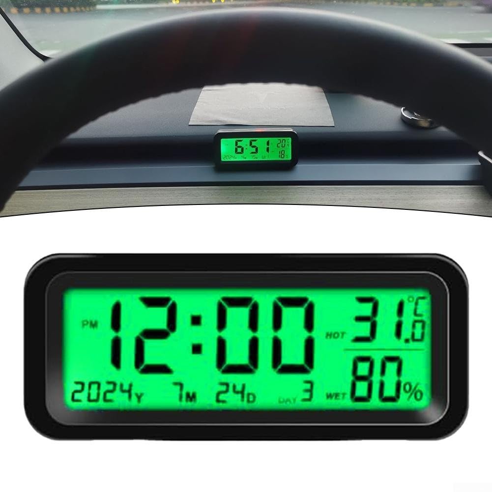 Digitale Auto-Uhr, 8x3x3,5 cm, Solar-Mini-Digitaluhr mit Automatischer Hintergrundbeleuchtung für das Armaturenbrett, Anzeige von Zeit, Datum, Temperatur Luftfeuchtigkeit für Zuhause, Auto (Blau-Grün)