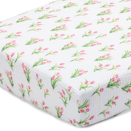 Image of LollyBanks Muslin Crib Sheet, 100% Cotton Fitted Crib Sheets for Girls | Soft all-season weave, snug elastic border for quick changes on 52 x 28 in standard mattresses (Tulip)