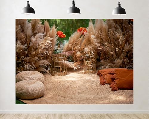 Trykid 7x5ft Boho Wedding Photography Backdrop Dried Pampas Grass Wall Gold Bird Cages Beige Floor Cushions Decor Background for Bridal Shower Party Decoration Photoshoot Studio Props Fabric