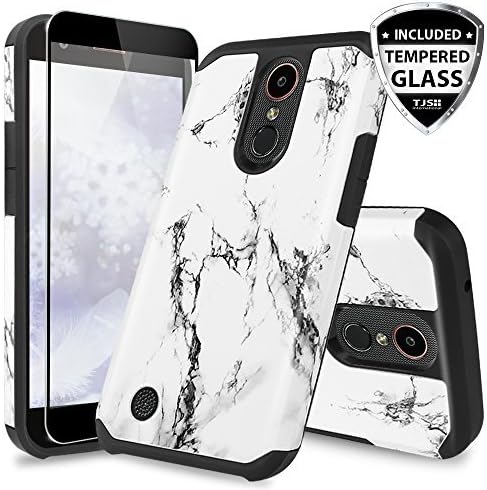 TJS Case for LG Aristo/Aristo 2/Aristo 2 Plus/Aristo 3/Aristo 3 Plus/Tribute Dynasty/Tribute Empire/Rebel 3 LTE/Phoenix 4 [Full Coverage Tempered Glass Screen Protector] Marble Phone Cover (White)