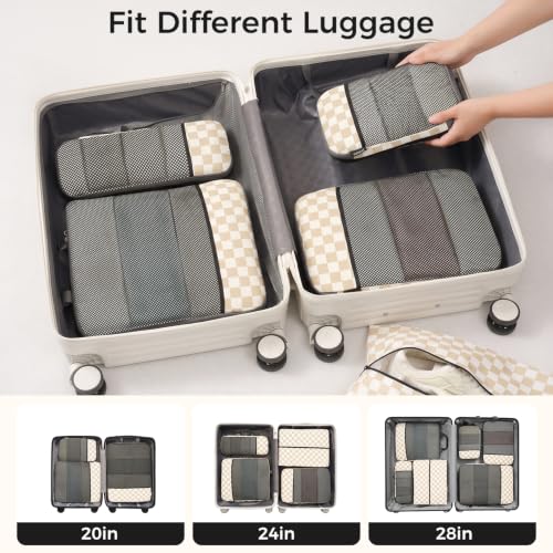 Image of BAGAIL 4 Set /6 Set /8 Set Compression Packing Cubes Travel Accessories Expandable Packing Organizers (Half Mesh, 6-Khaki Checkered)