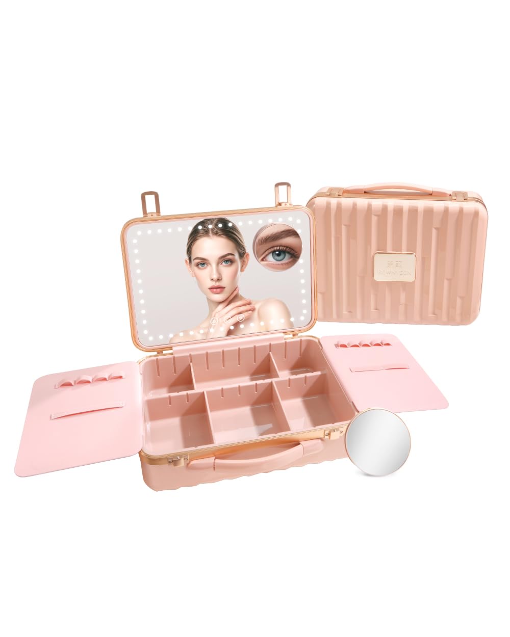 CamdeezROWNYEON Travel Makeup Train Cases with Light Up Mirror, Large Makeup Bag Cosmetic Case with Adjustable Dividers Makeup Organizer for Brushes & Makeup Tools, Pink