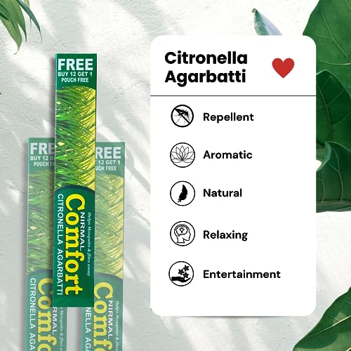 Image of Nirmal Comfort 130 Citronella Natural Incense Sticks, Mosquito Repellent Pack(12+1=13 Pouches | 130 Organic Agarbatti Sticks | Fragrance- Citronella) | Handrolled | 100% Organic I Mosquito Sticks
