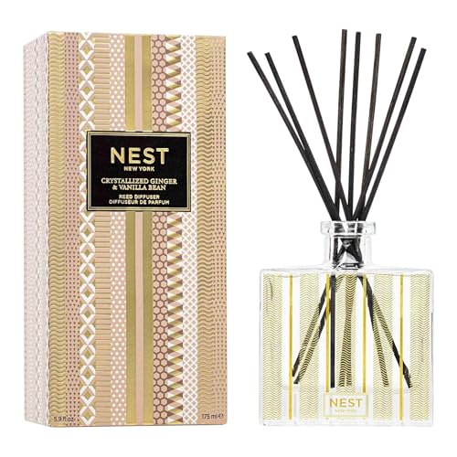 NEST New York Reed Diffuser, Crystallized Ginger & Vanilla Bean - 5.9 fl oz - Fragrance for Up to 90 Days - Reusable, Refillable Glass Holder - Includes 8 All-Natural Reed Sticks - Flame Free