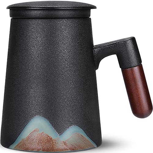 Enjohos Wooden Handle Tea Mug Japanese Style Large Ceramic Tea Cup With Infuser And Lid, Fine Porcelain Infuser Mug For Work Life Gift (14 Oz, Matte Black) #TOP23