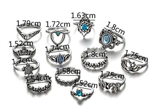 KIT ANÉIS FALANGE JOIAS PRATEADO TARTARUGA CRISTAL AZUL COM 13 ANEIS T5670
