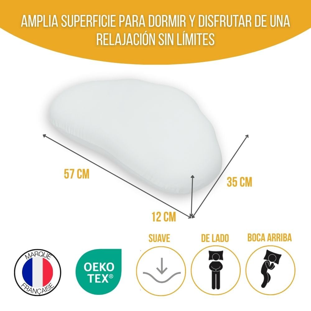 Inphysio - Almohada Confort Ultime - Almohada viscoelástica de Espuma Alemana de Alta Densidad 57 x 35 x 12 cm - Almohada ergonómica y Funda Suave y Transpirable - Alivio para el Cuello y los Hombros