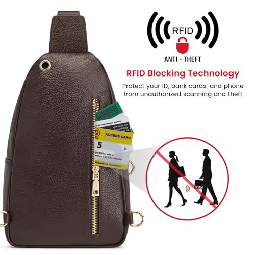 Image of Kattee Sling Bag for Women, Leather Crossbody Bag for Travel, Coffee | Top Grain Pebbled Leather. RFID back pocket, small chest bag fit 6.9-inch phone, fanny pack with adjustable strap.