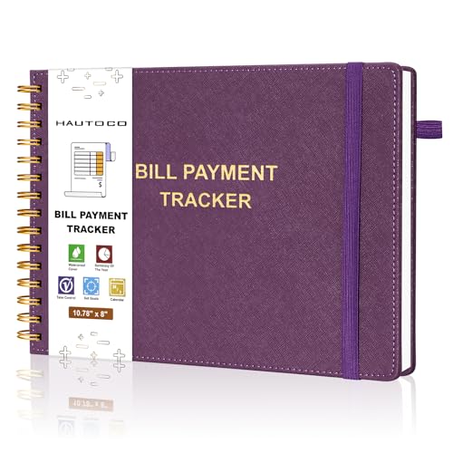 HAUTOCO Hardcover Bill Tracker Notebook Horizontal Monthly Bill Payment Organizer for Personal Budgeting Home Finance with 2 Storage Pocket Expense Checklist Tracking Planner 10.78 x 8 Deep Purple