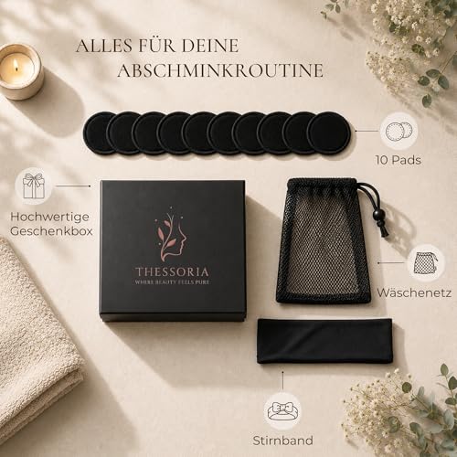 THESSORIA Abschminkpads Waschbar – 10 Wiederverwendbare Wattepads aus Bambusviskose mit Waschbeutel & Stirnband | Make-Up Remover Pads | Abschminkpads Schwarz | Geschenkset