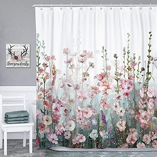 SUMGAR Pink Flower Shower Curtain Colourful Wildflower Blossom Floral Shower Curtains for Bathroom, Polyester Fabric Cloth Washable Decorative Long Shower Curtain Sets with Hooks,72x78 inch