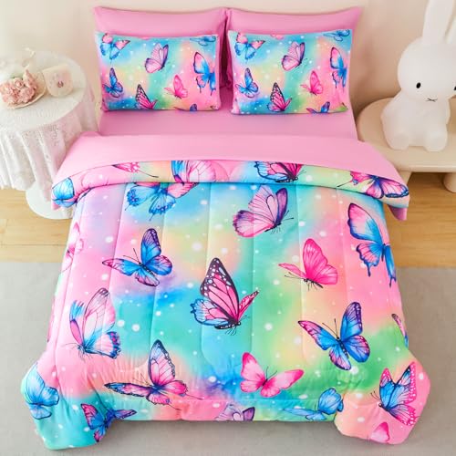 Image of 7 Pcs Butterfly Twin Bedding Set for Girls, Colorful Comforter Set Twin Size, Soft All Season Pink Butterfly Girls Bedding Sets with Sheets