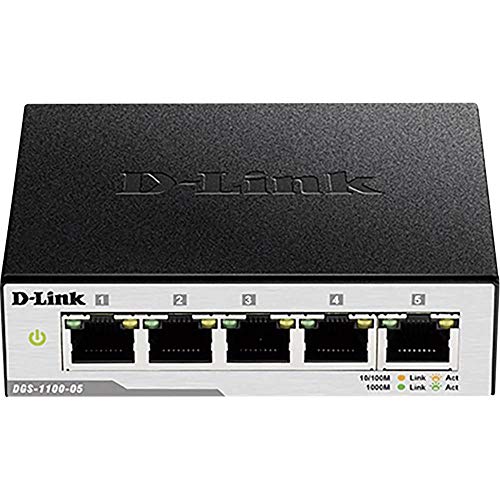 D-Link DGS-1100-05 - Switch 5 Puertos Gigabit 1000 Mbps (LAN RJ-45, gestión Web, QoS, VLAN, IGMP Snooping, Control Ancho de Banda, Carcasa metálica, Ultra Compacto), Negro