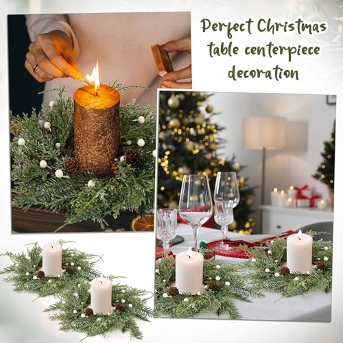 Image of 24 PCS Christmas Wreath Candle Rings Mini Wreath Pine Garland Artificial Frosted Cedar and Pine Cone Candle Rings Holder for Christmas Wedding Home Table Centerpiece Door Window Chair Wall