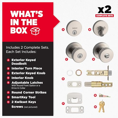 Image of Kwikset Pismo Round Front Door Lock Handle and Deadbolt Set, Entry Exterior with Interior Door Knob, Satin Nickel, Project Pack, Pick Resistant SmartKey Rekey Deadbolt Security
