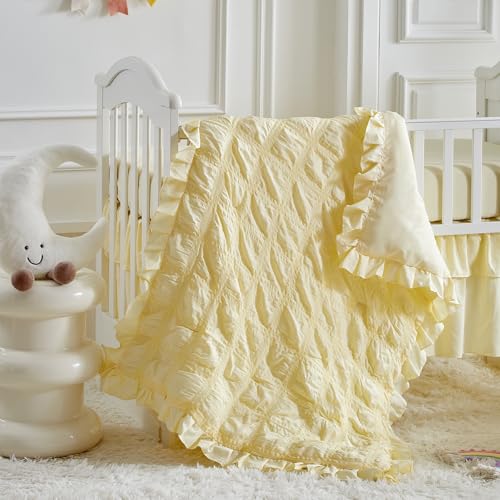 Image of Ruffled Mini Crib Bedding Set Baby Boho Quilted Comforter with Fitted Sheet and Bed Skirt - Cute Soft Breathable Seersucker Shabby Bedding Soft Blanket Only for Mini Crib - Yellow