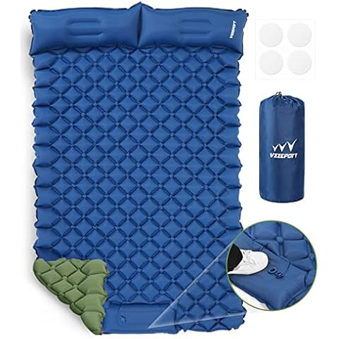 Vzzeport Camping Mat, Self Inflating Sleeping Pad with Pillow and Pump, Camping Mattress Pad, 2-color Waterproof Double Sleeping Pad Ultralight for Car Camping Tent Backpacking, Hiking,Dark Blue+Green Cover