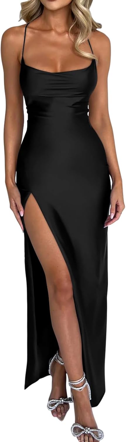 Memoriesea Women's Sexy Spaghetti Strap Bodycon Cowl Neck Party Cocktail Maxi Dress