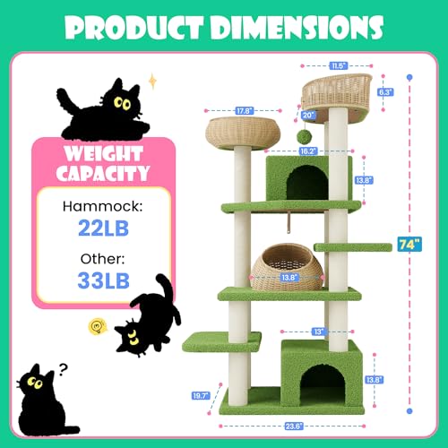 Árbol para Gatos SHA CERLIN 74'' Verde con Rattan y Sisal miniatura 6