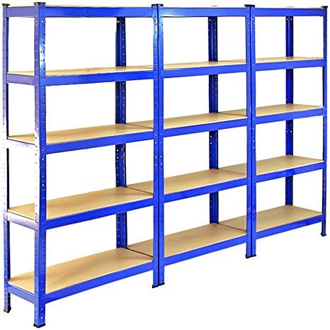 Pack of 3 Garage Shelving Units - 5 Tier Heavy Duty Rack for Storage Steel Utility Shelves | Metal & MDF Boltless Racking Assembly System | 150cm x 75cm x 30cm | 875KG Capacity | 175KG Per Shelf, Blue + FREE Mallet