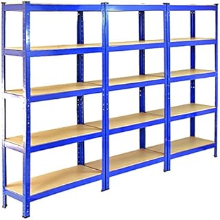Pack of 3 Garage Shelving Units - 5 Tier Heavy Duty Rack for Storage Steel Utility Shelves | Metal & MDF Boltless Racking Assembly System | 150cm x 75cm x 30cm | 875KG Capacity | 175KG Per Shelf, Blue + FREE Mallet