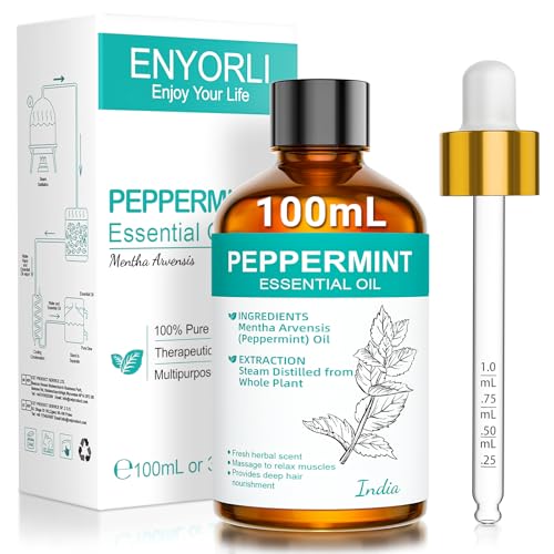 ENROYLI Aceite esencial de menta 100ML Peppermint Essential Oil piperita con Gotero Refrescante Calmante y Relajante Ideal Para la Limpieza del Hogar y Para Difusores Caseros