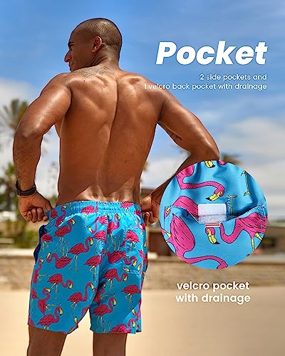 MaaMgic Badehose Herren Badeshorts Männer 18cm Innenlänge Badehosen Für Herren Schnelltrocknend Boardshorts Surfen Strandhose Mit Mesh-Futter Blau Pink Flamingo XL