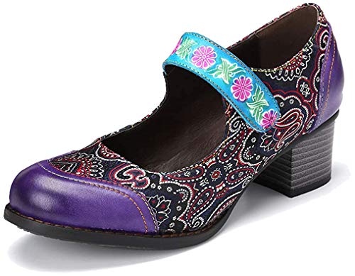 gracosy Bottes Cuir Femmes, Chaussures de Ville à Lacets avec Dessin des Roses Bottines Mocassins Talons Hauts Boots Bohème Confortable Original Printemps Été Violet Bleu