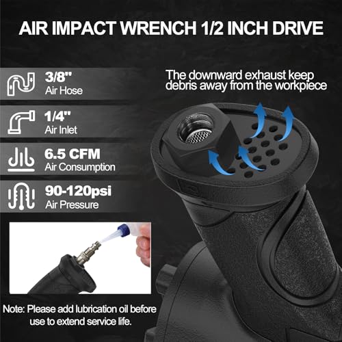 Trivd Frol Air Impact Wrench 1/2\" - 1/2 Inch Impact Gun 1/2 Drive, 1500Ft-lbs, 8000RPM High Torque Impact Wrench, Weight 4.74 lb, 1/2 Air Impact Gun for Auto Repair, Tire Shop