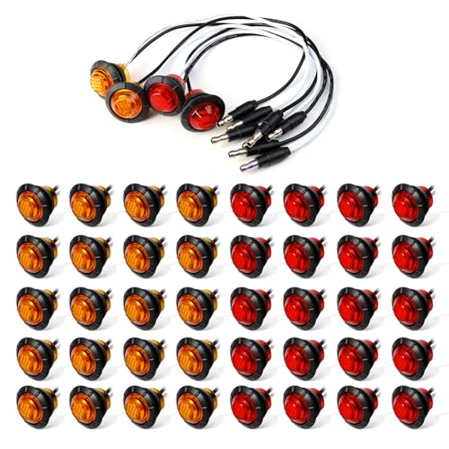 MADCATZ 3/4 Inch Mini Round 20 Amber + 20 Red Lights 3 LED Side Marker Indicator Lights with Connector Plug Clearance Turn Signal Lamps for Trailer Truck RV Caravan Lorry Boat 12V DC (Pack of 40)
