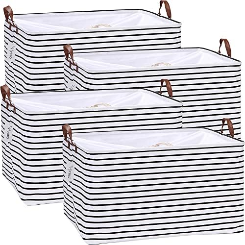 Hinwo 4-Pack Extra Large Canvas Fabric Storage Baskets with Handles, 70L Oversized Storage Bins, Collapsible Storage Box, Clothes, Toys, Blankets Organizers, 22 x 15 x 13 inches, (Black Stripe)