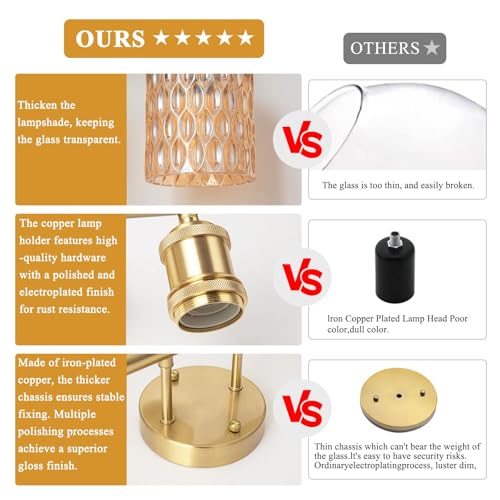 Image of Bathroom Vanity Light, Gold Wall Fixture Over Mirror, Amber Glass Shade Lighting with Bulbs Included for Bedroom & Living Room, 2-Lights