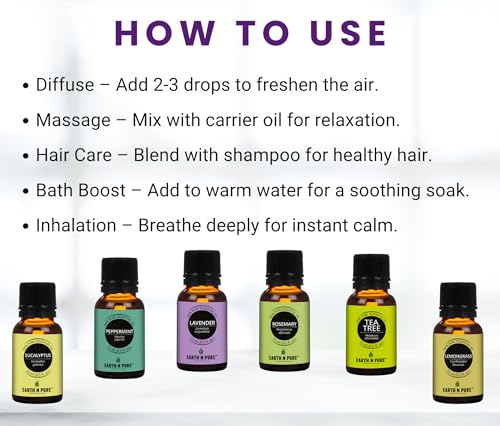 Image of Earth N Pure Essential Oil Pack of 6 (Rosemary, Eucalyptus, Tea Tree, Lemongrass, Peppermint & Lavender) 15 ml each.