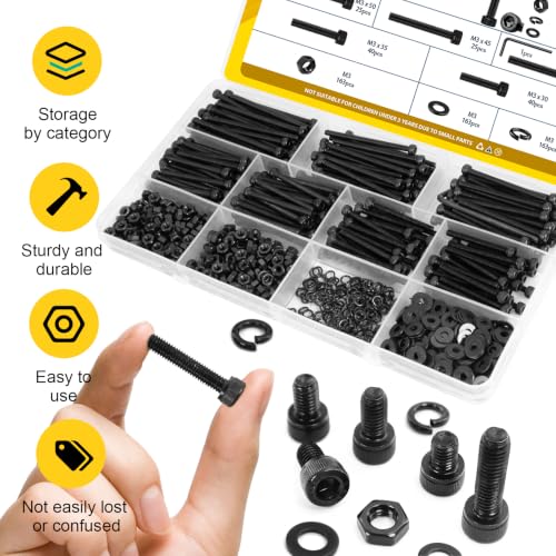 Image of 649PCS M3 Hex Socket Head Screws Assortment Kit, M3x30 /35 /40 /45 /50 mm | M3-0.5 Screws, Nuts and Washers Assorted Kit, 12.9 Alloy Steel Black Zinc Plated Anti-Rust 3mm Bolts Set for 3D Printer,DIY