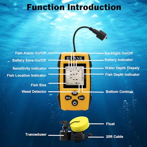 Image of Portable Fish Finder, Handheld Fish Depth Finder Contour Readout Fishfinder Ice Kayak Shore Boat Fishing Fish Detector Device with Sonar Sensor Transducer and LCD Display Gear Fish Depth Finder