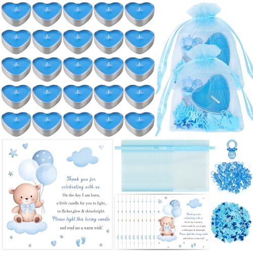 Defresit 50 Sets Baby Shower Favors Tea Light Candles for Guest Cute Boy Baby Shower Party Favors Gifts with Thank Cards Gender Reveal Party Favors Blue
