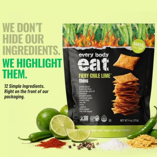Image of Every Body Eat Snack Cracker Thins, Fiery Chile Lime - Gluten Free, Vegan, Dairy Free, Nut Free, and Seed Oil Free (4oz Case of 6)