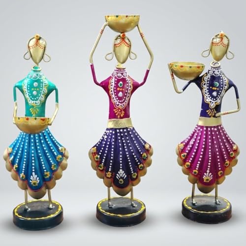 Image of Rajasthani Showpiece Set of 3 | Handcrafted Metal Table Decor | 11x5x2 Inch, 300g Each | Traditional Home Decoration Items for Living Room | Ethnic Figurine & Housewarming Gift