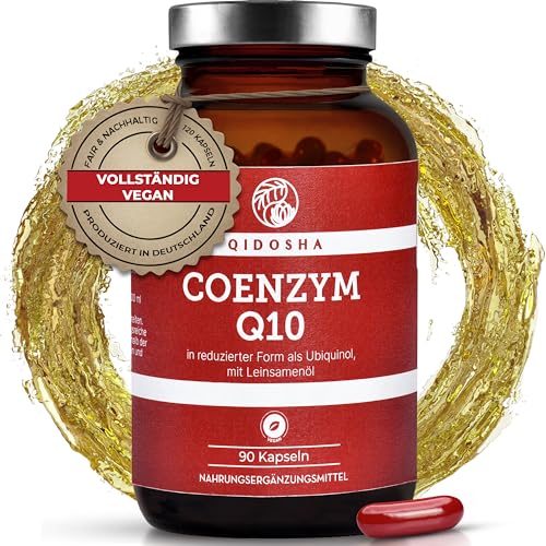 QIDOSHA® Kaneka Ubiquinol Kapseln hochdosiert, 100mg Ubiquinol je Kapsel, 90 Stk vegane Ubichinol Softgel-Kapseln, Coenzym Q10 flüssig, eingebettet in Olivenöl für optimale Bioverfügbarkeit (200mg)