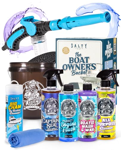 Salty Captain Boat Wash Kit All-in-One Boat Cleaning Starter Box with Premium Marine-Grade Products & Bucket Includes Boat Wash N Wax Hose Foam Cannon & Engine Flush Eco-Friendly & Easy to Use