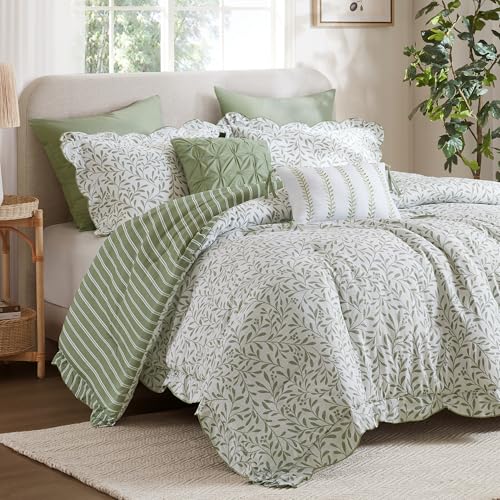 Image of Madison Park Reversible Botanical Comforter Set, 5PC Queen Bedding Set | Summer Floral Print Bed Set with Scalloped Edges, Lightweight Bedding with Decorative Pillows, Sage Green