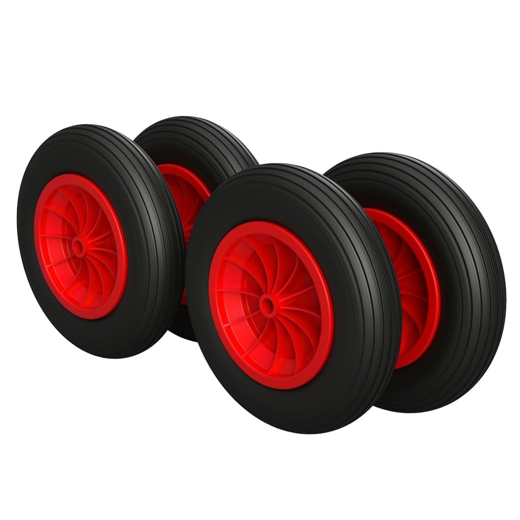 4 x Rueda neumática Ø 370 mm 3.50-8 cojinete liso rueda de carretilla neumáticos, negro/rojo