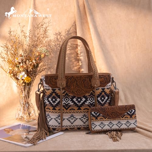 Montana West Western Tote Bag for Women Tooled Shoulder Purse with Wallet 2Pcs Set3