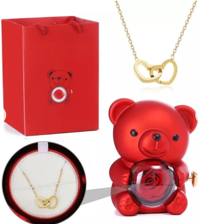 Titanica Shop Cute Teddy Bear with Preserved Rose,Eternal Flowers Rotating Rose Box with Necklace Romantic Gift for Her in Valentine's Day, Mother's Day,Weddings,Anniversaries,and Bridal Showers