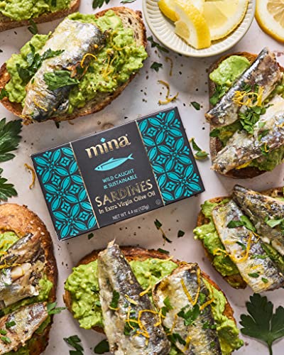 Mina Sardines in Extra Virgin Olive Oil, 4.4 Ounce Wild Caught Sardines, Responsibly Sourced, Packed By Hand, Low Sodium, High in Protein, Keto, Paleo, Sardines in Olive Oil (Pack of 12)