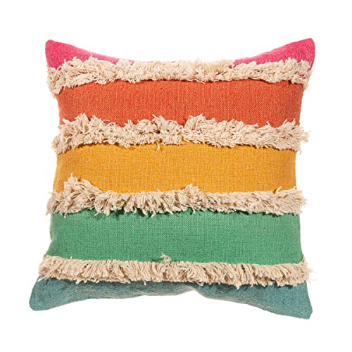 Sass & Belle Rainbow Stripe Tufted Cushion Cover – Cotton Boho Cushion Cover, Decorative Throw Pillow with Fringed Texture, 40x40 cm Scatter Accent for Bed or Sofa