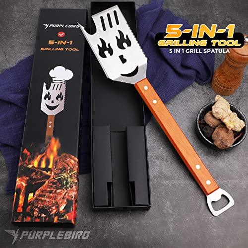 Purplebird Grill Spatula For Outdoor Grill, 5 In 1 Grilling Tools 16" Long Bbq Spatula With Wooden Handle, Father's Day Gifts, Gifts For Men #TOP5