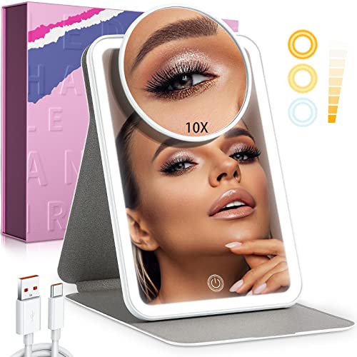MOOKZZ Rechargeable Lighted Makeup Travel Mirror with 10X Magnifying Mirror, Dimmable LED Travel Mirror with 3 Color Lights and Magnification, Folding Portable Mirror for Traveling (White)